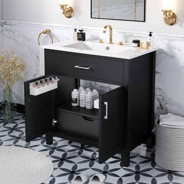30 in. W Single Sink Bath Vanity in Black with White Ceramic Top, Storage Doors, Shelf, a Built-in Drawer