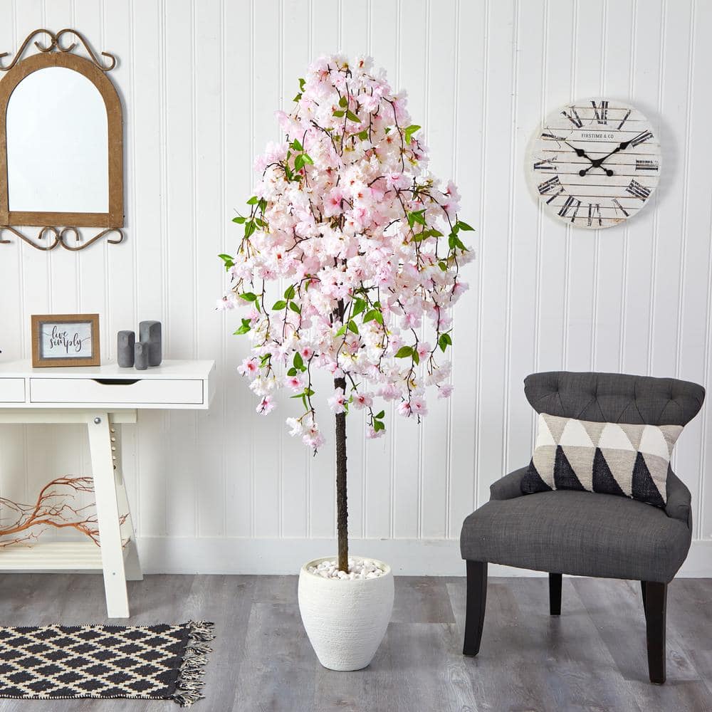 Nearly Natural 70 in. Cherry Blossom Artificial Tree in White Planter ...