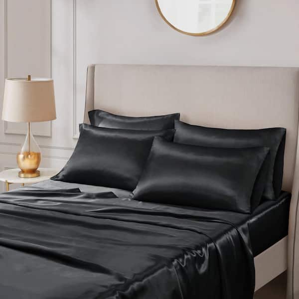 Madison Park Satin 6-Piece Black Solid Polyester Queen Luxury Sheet Set