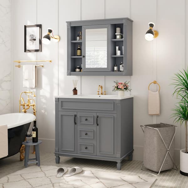 FAMYYT 36 in. W x 18 in. D x 34 in. H Single Sink Bath Vanity in Gray with White Resin Top and Medicine Cabinet with Mirror