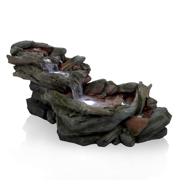 Alpine Corporation 60 in. Long Outdoor 3-Tier Rainforest Rock River Water Fountain with LED Lights