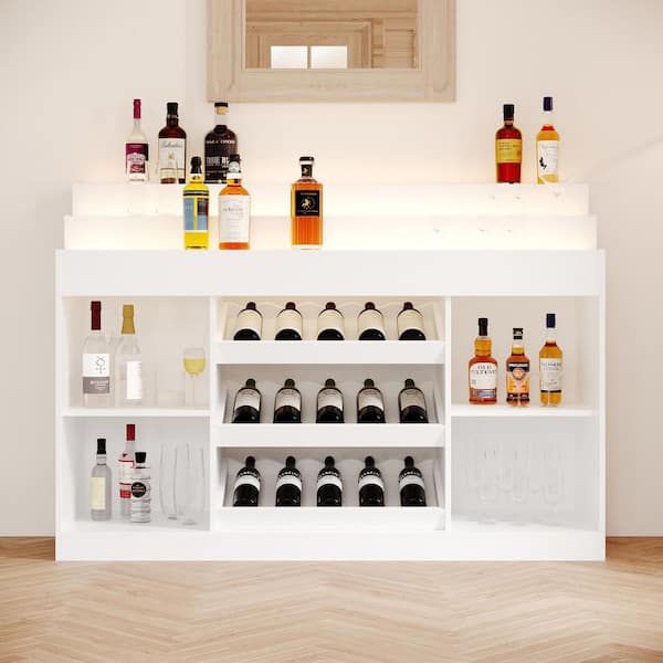 FUFU&GAGA Modern White Wood 56.3 in. Sideboard Buffet Cabinet with Stepped Wine Rack, Wave Glass & 3-Color LED Lights for Kitchen