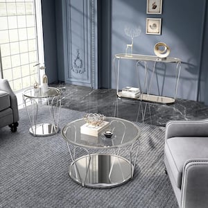 Orrum 31.25 in. Chrome and Clear Round Glass Coffee Table Set (3-Piece)