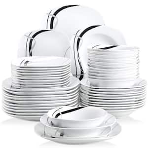48-Piece Black Gray Lines Ivory White Porcelain Dinnerware (Set Service for 12)