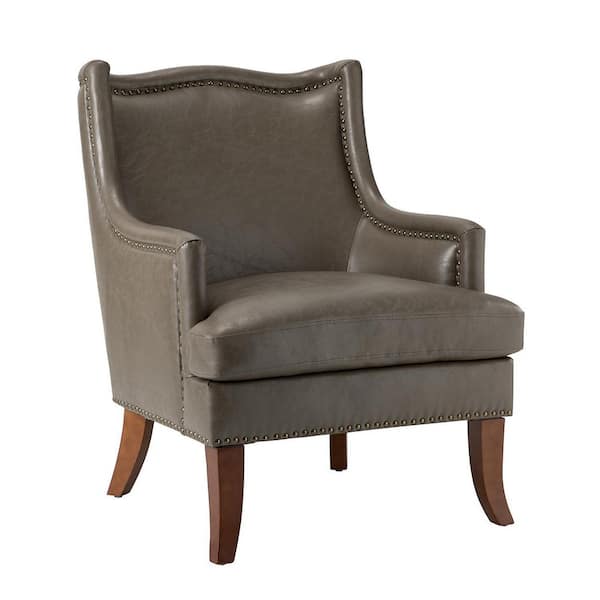 JAYDEN CREATION Laurenz Grey Vegan Leather Armchair with Nailhead Trim