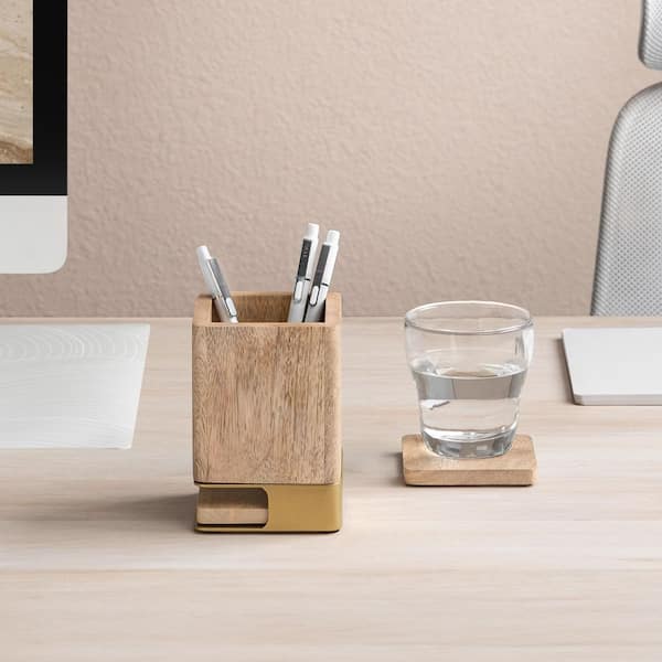 Solid Wood Pen Cup Holder with 2-Coasters
