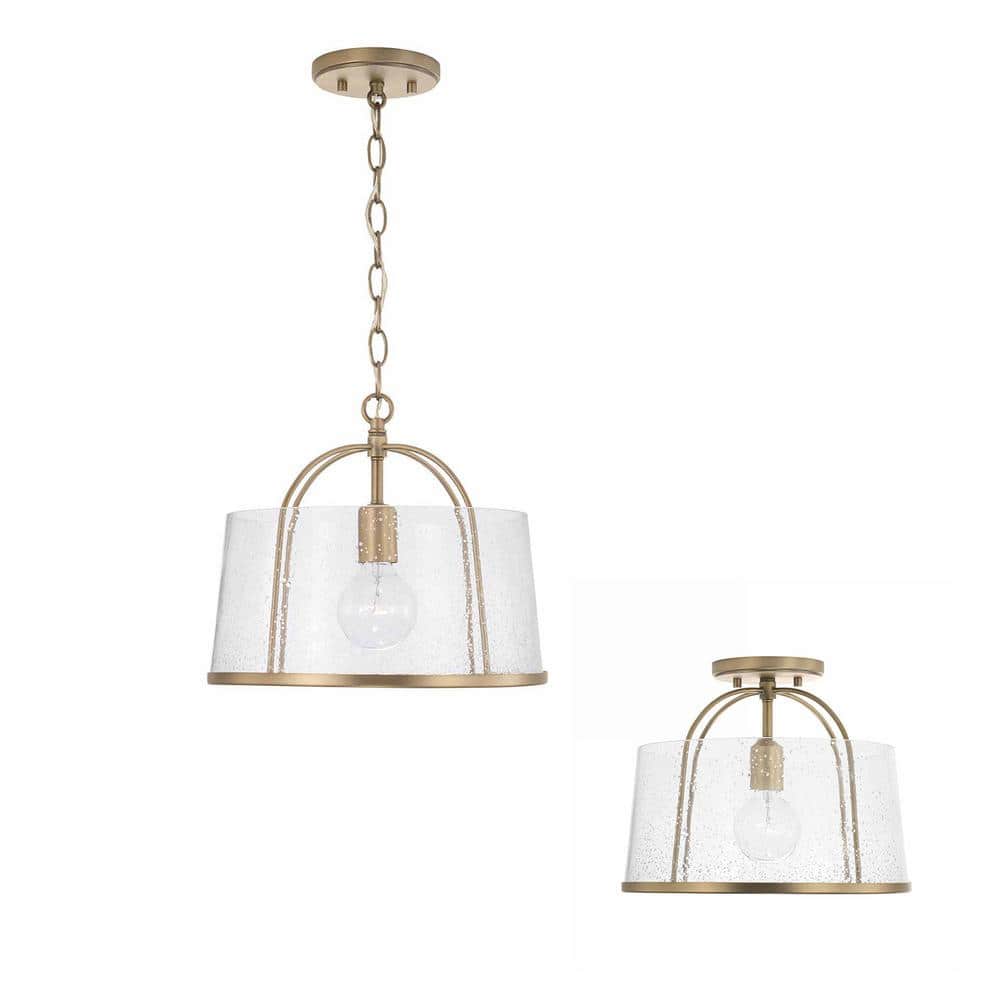 Aged Brass and Clear Seeded Glass Drum Pendant Light