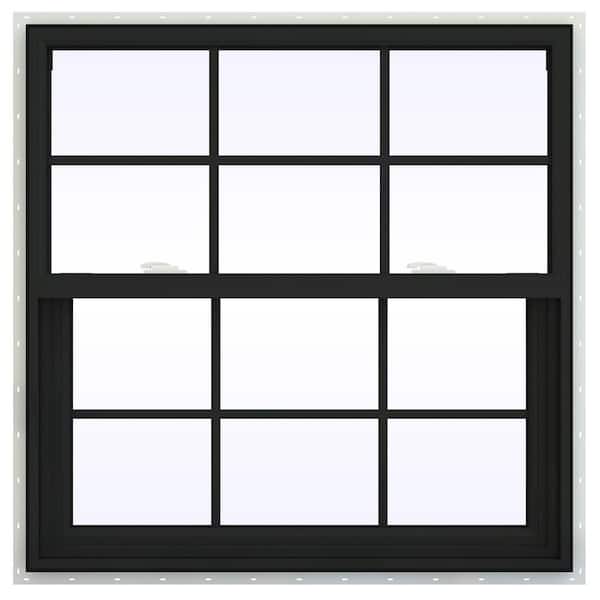 36 in. x 36 in. V-2500 Series Bronze Exterior/White Interior FiniShield Vinyl Single Hung Window, Colonial Grids/Grilles