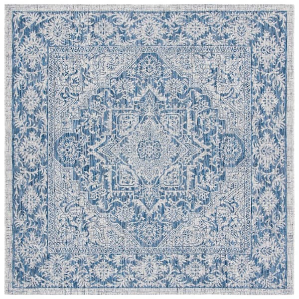 SAFAVIEH Courtyard Light Gray/Navy 7 ft. x 7 ft. Border Medallion Floral Indoor/Outdoor Patio  Square Area Rug