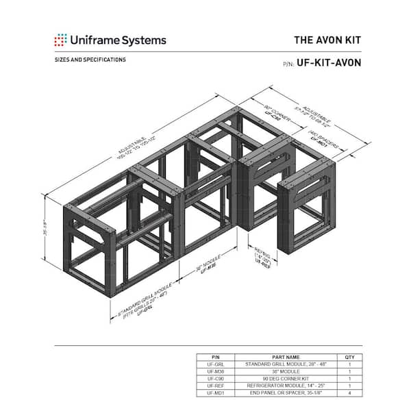 Uniframe Systems The Avon Fully Adjule And Modular Outdoor Kitchen Grill Island Framing Kit In Galvanized Steel