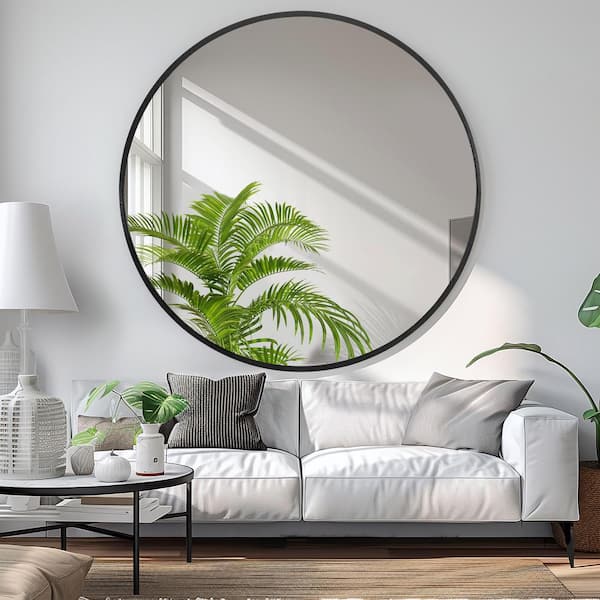Lirago 47 in. W. x 47 in. H Metal Framed Round Mirror in Black