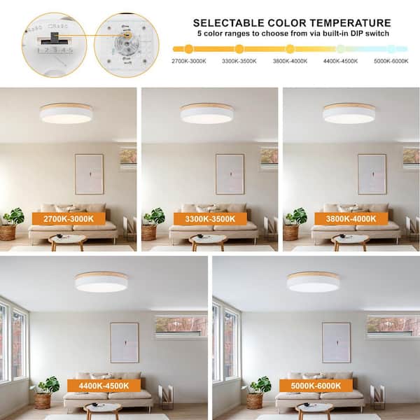 Lumin 1-Light 15.7 in. W Matte White Selectable CCT Color Changing LED Round Wood Ceiling Flush Mount Light Fixture