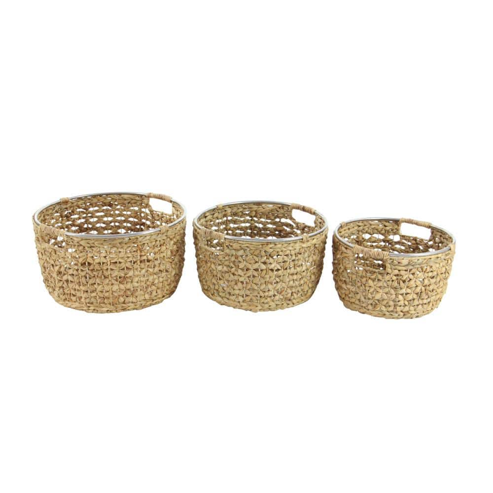 Polished Seagrass Round Storage Basket with Metal Handles