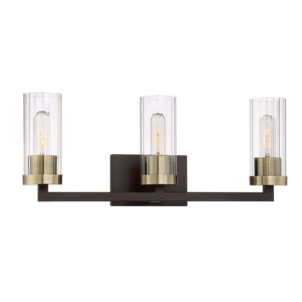 Aged Bronze and Brass 3-Light Cylinder Vanity Fixture