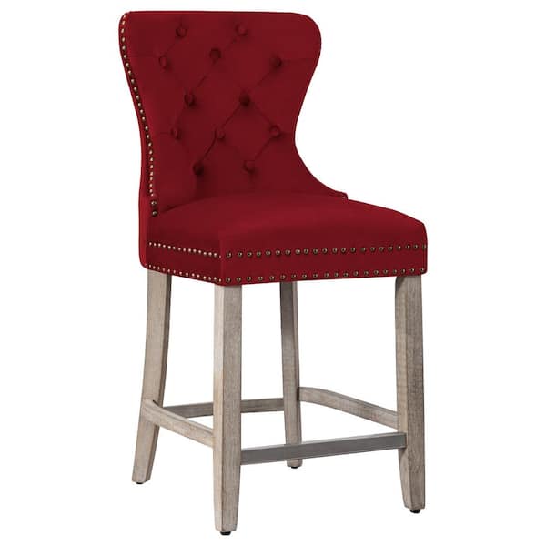 WESTINFURNITURE Harper 24 in. High Back Nail Head Trim Button Tufted Red Velvet Counter Stool with Solid Wood Frame in Antique Gray