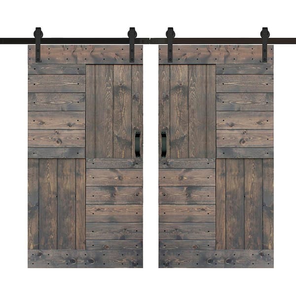 ISLIFE S Series 84 in. x 84 in. Smoky Gray Finished DIY Solid Wood Double Sliding Barn Door with Hardware Kit
