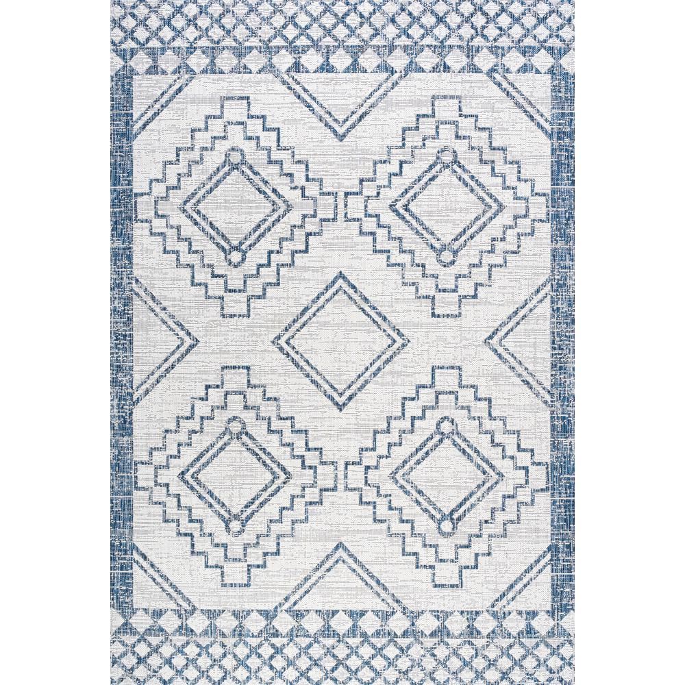 Ivory/Blue Synthetic Medallion Rectangular Easy-Care Rug
