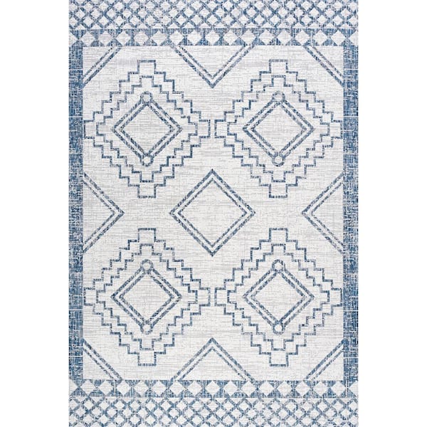 Marokko Diamond Tribal Medallion Ivory/Blue 3 ft. x 5 ft. Indoor/Outdoor Area Rug