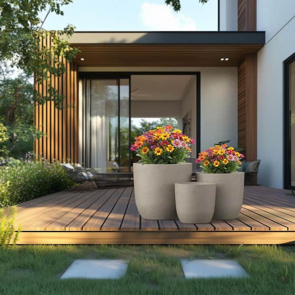 13.5 in. 17 in. 20.5 in. Light Gray(Enhanced Core) Concrete Round Planter / Pot with Drainage Holes (3-Pack)