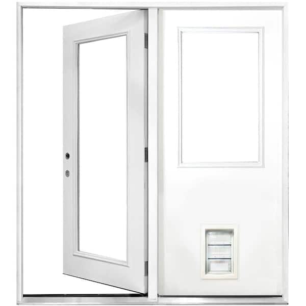 Steves & Sons 72 in. x 80 in. Clear Lite Primed White Fiberglass Prehung Right-Hand Inswing Center Hinge Patio Door with Med Pet Door