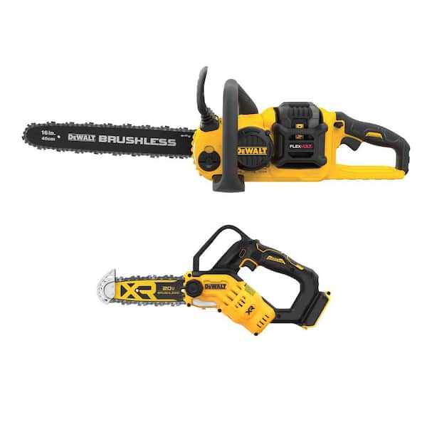 FLEXVOLT 60V MAX 16 in.Brushless Cordless Battery Powered Chainsaw and 8 in. Pruning Chainsaw w/2 Ah Battery and Charger