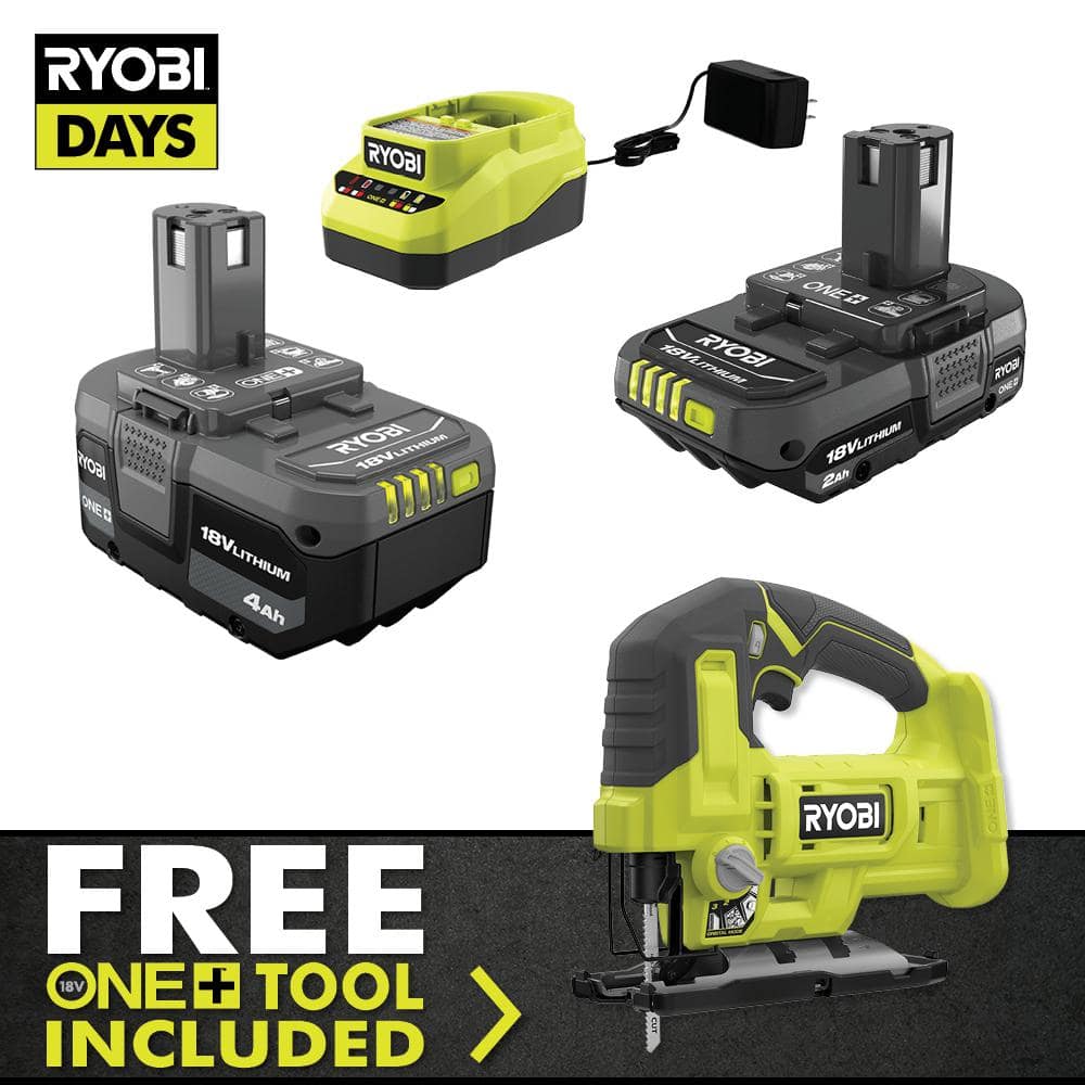 RYOBI ONE+ 18V Lithium-Ion 4.0 Ah Battery, 2.0 Ah Battery, and Charger Kit with ONE+ Cordless Jig Saw