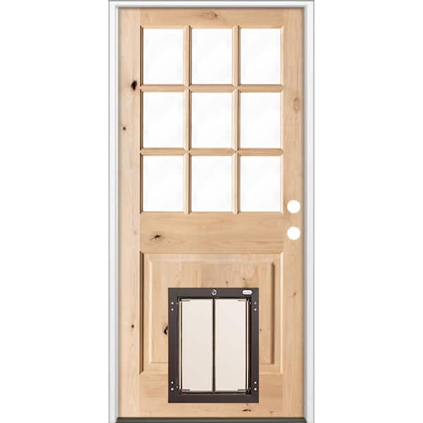Krosswood Doors 36 in. x 80 in. Left-Hand 9 Lite Clear Glass Unfinished Wood Prehung Door with Large Dog Door