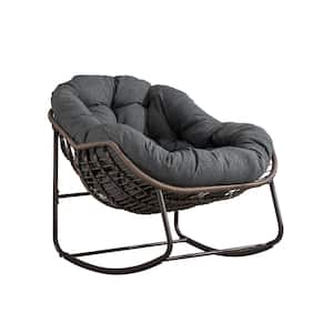 Deluxe Oversized Wicker Rattan Padded Steel Frame Outdoor Rocking Chair with Gray Cushion Set of 2