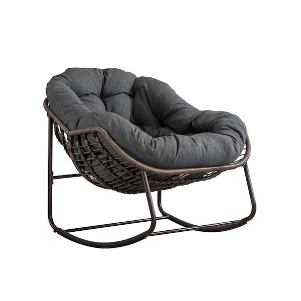 HOMEFUN Deluxe Oversized Wicker Rattan Padded Steel Frame Outdoor Rocking Chair with Gray Cushion Set of 2