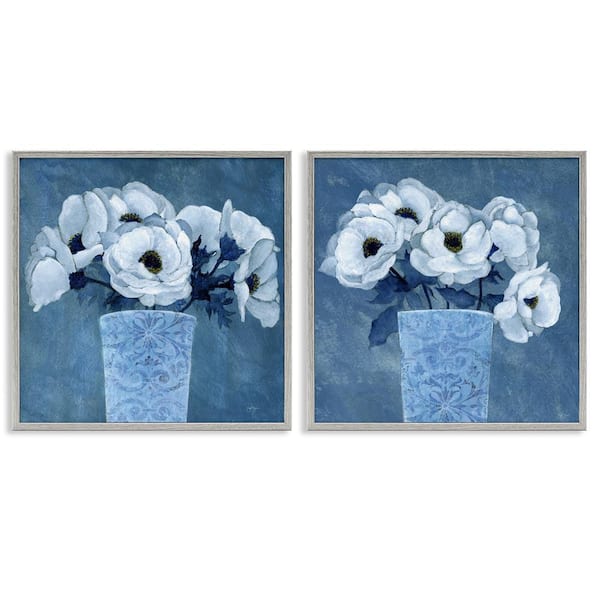 Stupell Industries Magnolia Bouquets on Blue by Janet Tava 2-Pieces Gray Framed Nature Giclee Art Print 12 in. x 12 in.