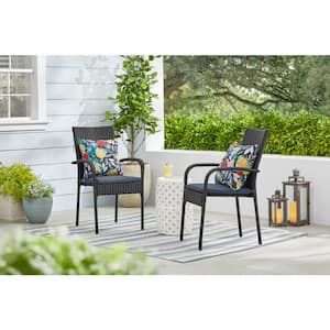 Stationary Black Steel Wicker Outdoor Dining Chair with CushionGuard Sky Blue Cushion (2-Pack)