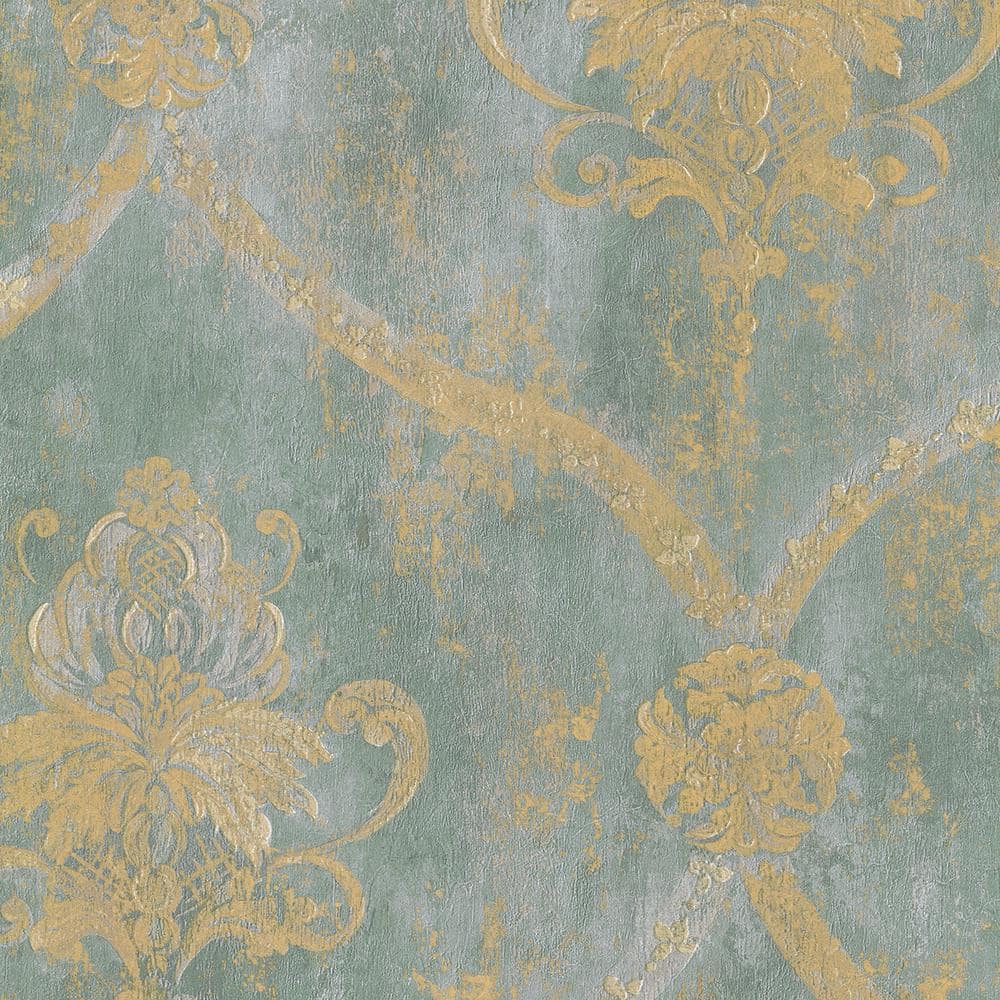 Aqua Blue and Gold Large Damask Pre-pasted Wallpaper