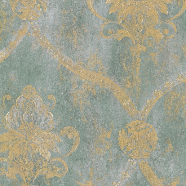 Regal Damask Wallpaper in Aqua, Green and Taupe