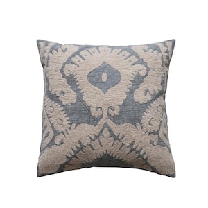 Blue and Cream Color Damask Pattern Polyester 20 in. x 20 in. Tufted Throw Pillow