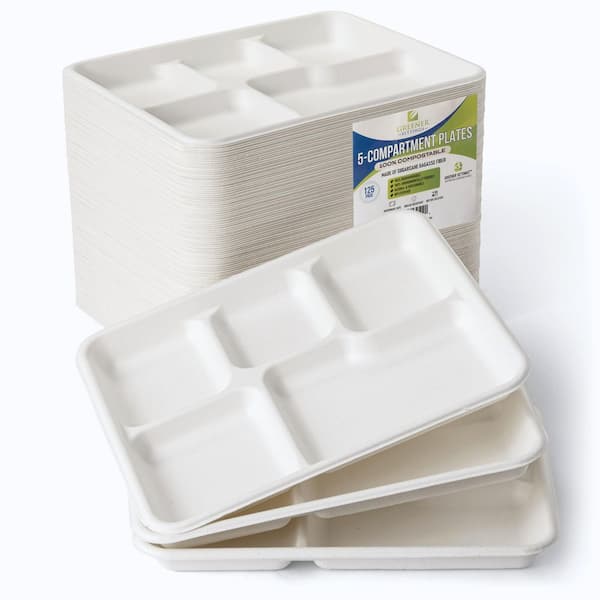 GREENER SETTINGS 10.5 in. Unbleached Compostable Disposable Paper 5-Section Plate [125-Pack]