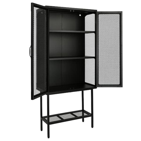 cadeninc 27.6 in. Black Floor Storage Cabinet with 2 Mesh Doors, Adjustable Shelves and Bottom Shelf