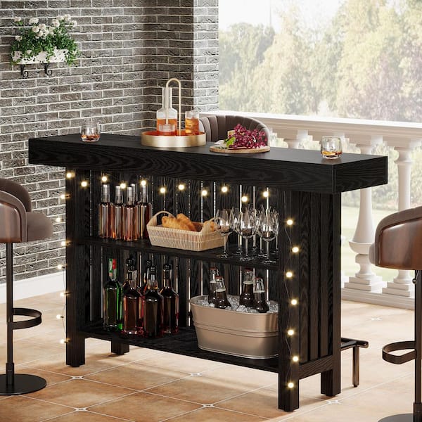 Adan 63 in. Home Black Wood Modern 2-Tier Bar Table Footrest Corner Mini Coffee Bar Cabinet Bar Unit