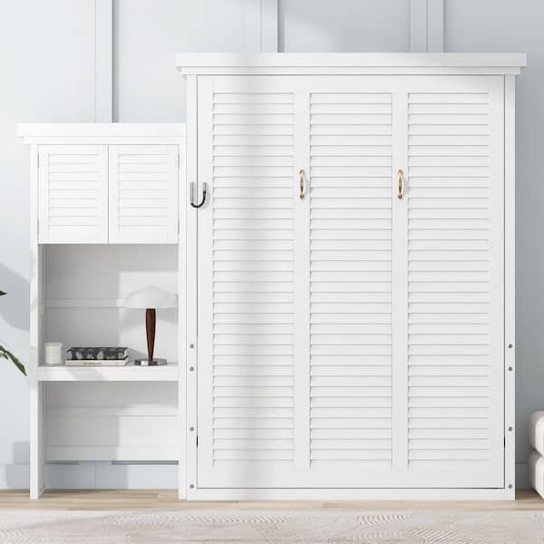 White Louvered Style Wood Frame Queen Size Murphy Bed with Multiple Storage Shelves