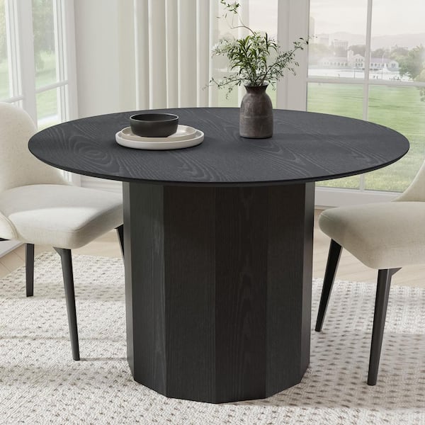 Lirago Round Black Wood 46 in. Column Base Dining Table Seats 4