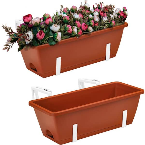 Oumilen Hanging Flowerpots for Balustrades Plastic Window Planter Holder with Removable Hooks, White and Red (2-Pieces)