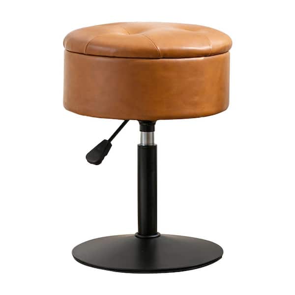 leather dressing table stool Whiskey Brown Faux Leather 18.1 in. Tall Height Adjustable 360° Swivel  Makeup Vanity Stool with Storage 29E989PH033