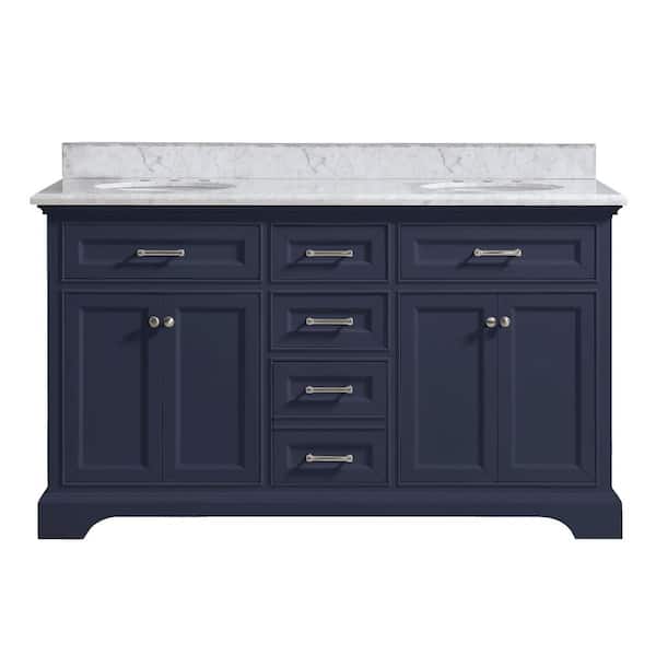 Windlowe 61 in. Double Sink Navy Blue Bath Vanity with White Carrara Marble Top (Assembled)