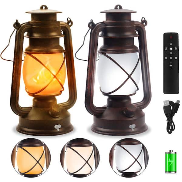 Bronze 4 Modes LED Lantern with Dancing Flame and Remote Control, Waterproof Hanging Light for Outdoor & Indoor (2-Pack)