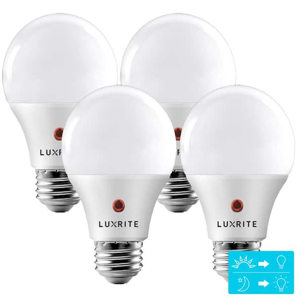 LUXRITE Equivalent A19 E26 Base Dusk to Down Sensor LED Light Bulb 5000K Bright White 4-Pack - The Depot