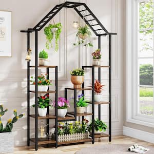 Wellston 71.2 in. Brown Tall Rectangle Engineered Wood Indoor Plant Stand with 11-Tiers Shelves and 10 Hooks