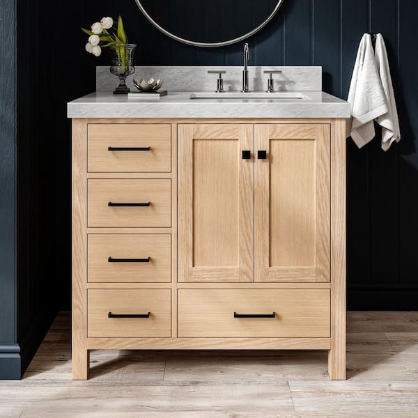 ARIEL Cambridge 36 in. Single Sink Freestanding Bathroom Vanity in Oak with Carrara White Marble Top