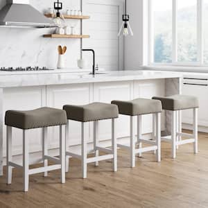 Hylie 24 in. Gray Fabric Cushion White Finish Nailhead Wood Counter Height Bar Stools, Set of 4