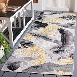 Barbados Gray/Gold 3 ft. x 8 ft. Runner Floral Geometric Indoor/Outdoor Area Rug
