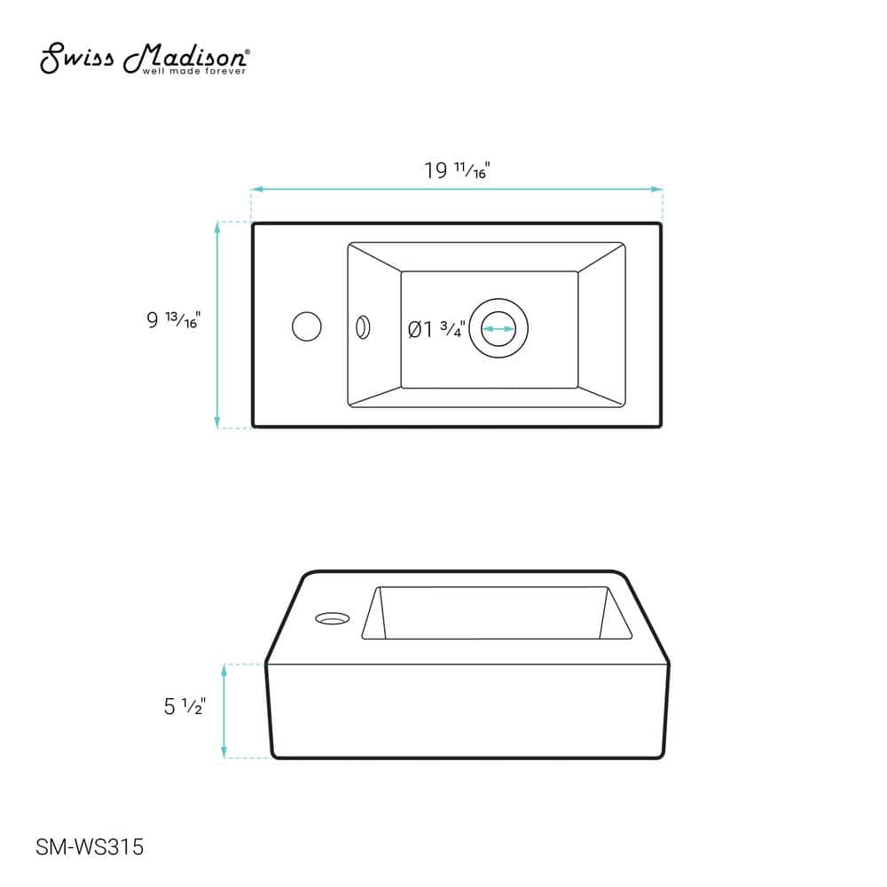 Glossy White Rectangular Ceramic Wall-Mount Sink with Left Faucet