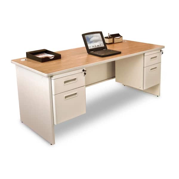 Unbranded 72 in. W x 36 in. D Oak Laminate and Putty Double Pedestal Desk